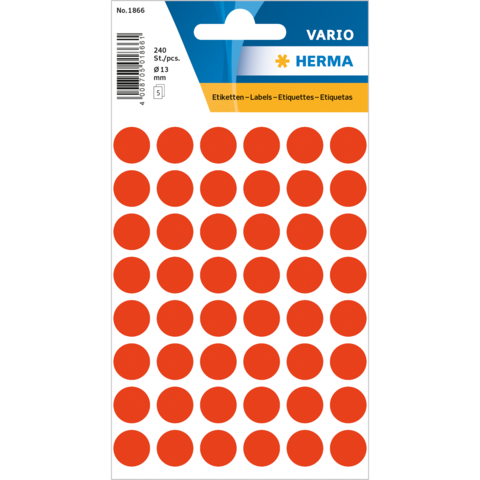 Runde, rote Etiketten auf einem weißen Blatt, insgesamt 240 Stück, Durchmesser 13 mm, verpackt von der Marke Herma.