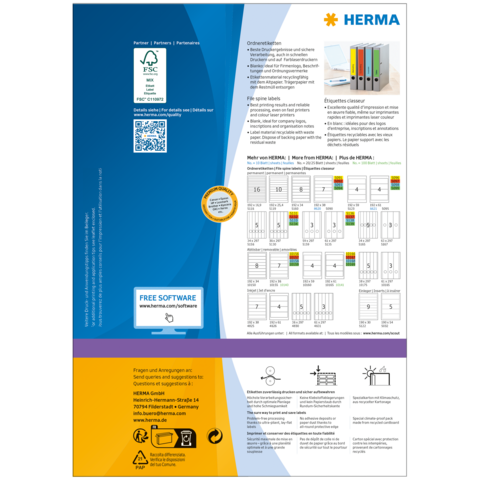 Información del producto HERMA con instrucciones para el uso de etiquetas y carpetas, incluyendo un código QR y un enlace a software gratuito.