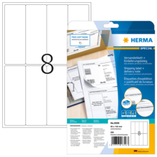 Versandetiketten und Einlieferungsbeleg auf einem Blisterpack. Enthält Anweisungen zur Nutzung und Softwarehinweise.