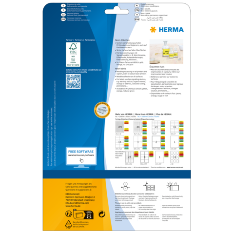 Rückseite einer Verpackung mit Informationen zu HERMA-Produkten, einschließlich Softwarehinweis und Anwendungshinweisen.