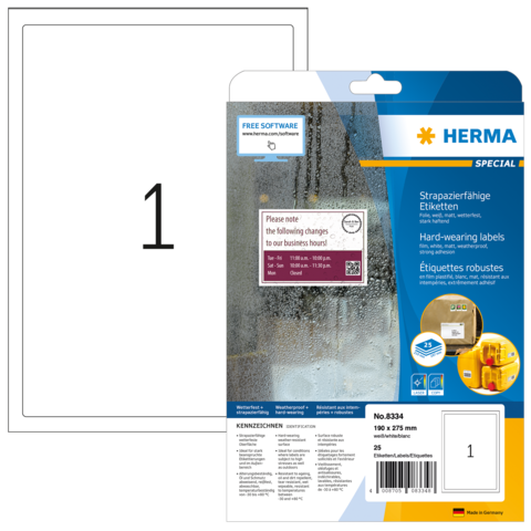 Ein Paket mit strapazierfähigen Etiketten, das die Nummer 1 zeigt. Enthält 25 Etiketten und Informationen zur Software.