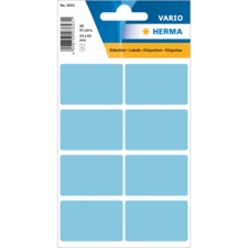Blaues Etikettenblatt mit 40 leeren Aufklebern in der Größe 25 x 40 mm, verpackt in einer durchsichtigen Hülle.