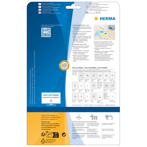 Rückseite einer Verpackung für transparente Etiketten von HERMA, mit Anweisungen, QR-Code und Informationen zur kostenlosen Software.