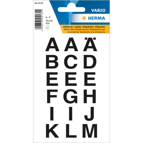 Schwarze Etiketten mit Buchstaben von A bis Z, wetterfest, auf einem weißen Hintergrund. Verpackung zeigt Produktdetails und Marke.