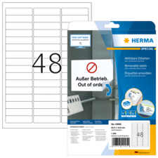 Packung mit ablösbaren Etiketten von Herma, inklusive 48 leeren Etiketten auf einem Bogen. Hinweise auf Software und Nutzung.