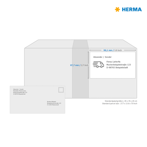 Versandkarton mit Absender- und Empfängerinformationen, einschließlich Abmessungen und Beispieladresse. Standardpaketgröße angegeben.