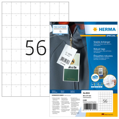 Ein Blatt mit Etiketten, das die Nummer 56 zeigt, und eine Rückseite mit Informationen zu stabilen Anhängern und robusten Etiketten.