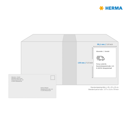 Maßzeichnung eines Pakets mit Abmessungen und einem Adressfeld für den Absender. Enthält Standardgrößen für Pakete und Briefumschläge.