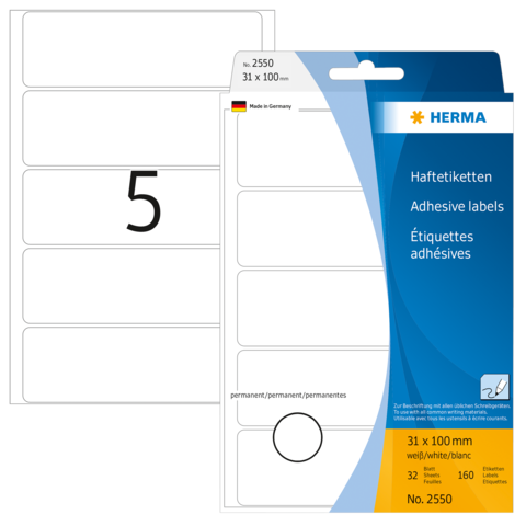 Haftetiketten von HERMA, 31 x 100 mm, 160 Stück, mit der Nummer 5 auf einem Etikett. Verpackung zeigt Produktdetails und Anwendungshinweise.