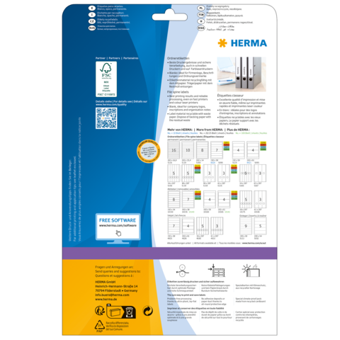 Rückseite einer Verpackung mit Informationen zu HERMA-Produkten, einschließlich Softwarehinweis und Diagrammen zur Anwendung.