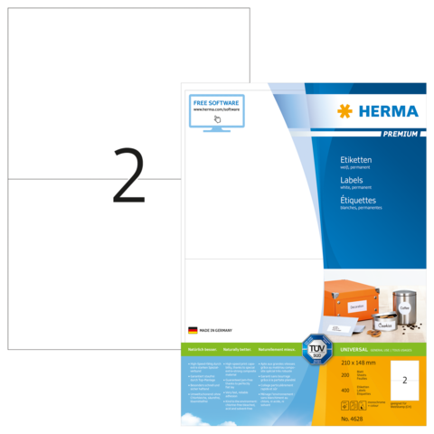 Etikettenblatt von HERMA mit Informationen zu Etiketten, Software-Hinweis und Produktdetails. Größe 210 x 148 mm, 200 Stück.