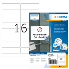 Ablösbare Etiketten auf einem Blatt mit der Nummer 16. Verpackung zeigt die Aufschrift "Außer Betrieb" und "Out of order".