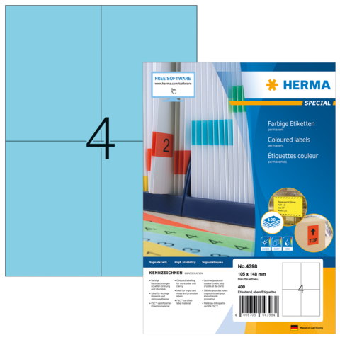 Bunte Etiketten von Herma in einer Verpackung, mit verschiedenen Farben und Größen, geeignet für Beschriftungen und Organisation.