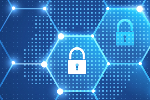 Una red digital con patrones hexagonales y símbolos de candado, que representa la seguridad y la protección de datos.