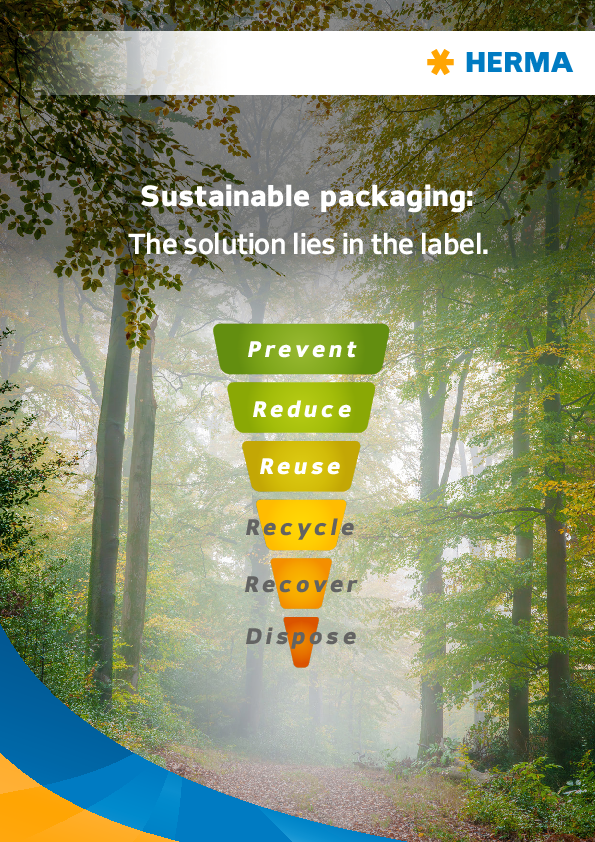 Nachhaltige Verpackung: Die Lösung liegt im Etikett. Schritte: Verhindern, Reduzieren, Wiederverwenden, Recyceln, Wiedergewinnen, Entsorgen.
