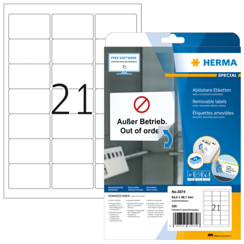 Ein Paket mit ablösbaren Etiketten von Herma, das die Aufschrift "Außer Betrieb" enthält, sowie ein leeres Etikettenblatt.