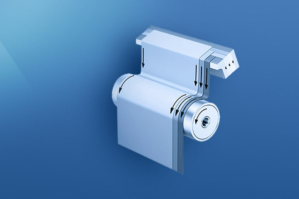 Toilettenpapierhalter mit einer Rolle Toilettenpapier, auf einem blauen Hintergrund.