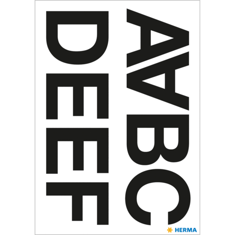 Große, schwarze Buchstaben auf weißem Hintergrund: "A A B C D E E F". Logo von HERMA in der unteren rechten Ecke.