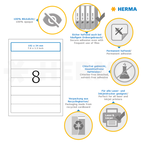 Etiketten von HERMA, 192 x 34 mm, permanent haftend, chlorfrei, geeignet für Laser- und Inkjetdrucker, aus recyceltem Karton.