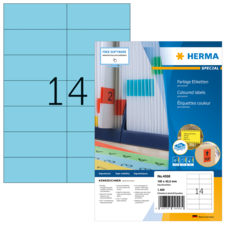 Farbige Etiketten von Herma, Packung mit 100 Stück, Größe 52 x 29 mm, auf einem Hintergrund mit einem großen, schwarzen Quadrat mit der Zahl 14.