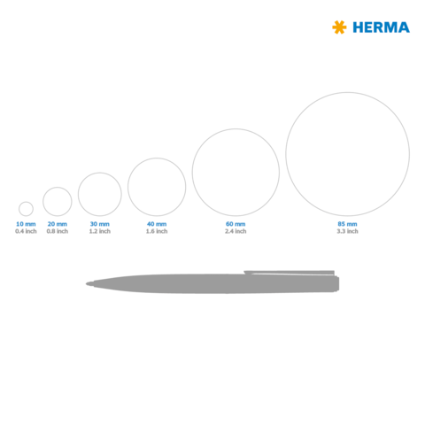Kreisgrößen von 10 mm bis 85 mm neben einem Stift dargestellt, mit Maßangaben in Zoll. Markenlogo „HERMA“ oben rechts.