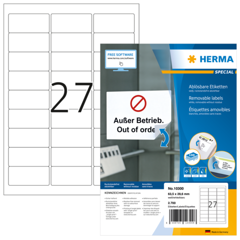 Aufkleberbogen mit ablösbaren Etiketten, beschriftet mit "Außer Betrieb" und der Nummer 27. Verpackung von HERMA.