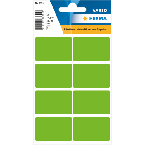 Grüne Etiketten auf einem Bogen, 40 Stück, Maße 25 x 40 mm, geeignet für Beschriftungen und Organisation.