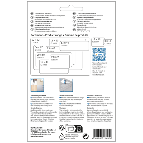 Produktverpackung mit verschiedenen Etikettengrößen und Anwendungshinweisen, einschließlich QR-Code und Kontaktinformationen für HERMA GmbH.