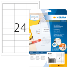 Korrektur- und Abdecketiketten von Herma, Packungsinhalt und Beispielblatt mit 24 Etiketten.
