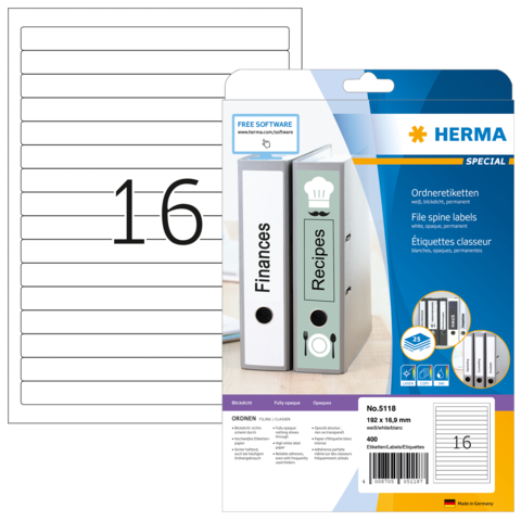 Ordneretiketten von Herma, Packung mit 400 Etiketten für Aktenordner, mit den Aufschriften „Finanzen“ und „Rezepte“.