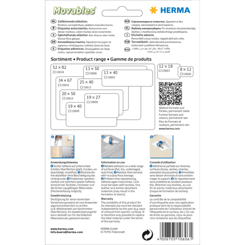 Produktverpackung für Herma Movables mit verschiedenen Etikettenformaten und Anwendungshinweisen. QR-Code zur weiteren Information.