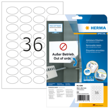 Packung mit ablösbaren Etiketten, die die Nummer 36 zeigt, und einem Hinweis "Außer Betrieb. Out of order." von Herma.