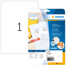 Packung mit Korrektur- und Abdecketiketten von Herma, inklusive 25 Etiketten in der Größe 210 x 297 mm.