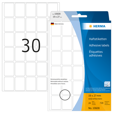 Haftetiketten von Herma, 19 x 27 mm, 720 Stück, ablösbar, ohne Rückstände, auf Verpackung mit Produktnummer 10608.