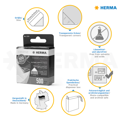 Packung mit 500 transparenten Ecken von HERMA, geeignet für Fotodokumentation und Archivierung, hergestellt in Deutschland.