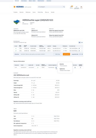 Produktdetails für HERMAwhite super (240)/62D/523, einschließlich Anwendungshinweisen und technischen Spezifikationen.