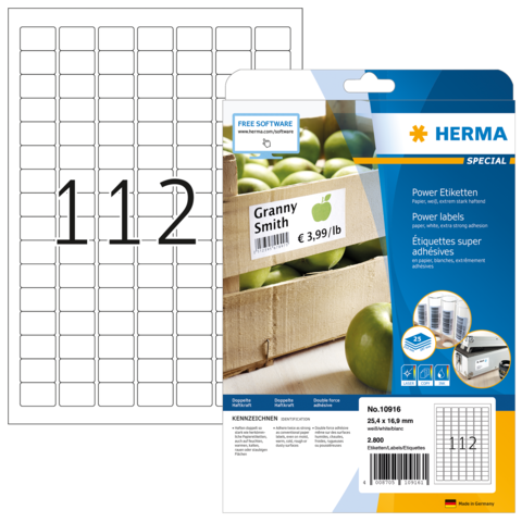 Etikettenpackung von Herma mit Aufschrift "Granny Smith" und Preisangabe, daneben leere Etikettenblätter.