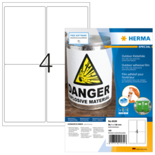 Aufkleberpackung mit Warnsymbol für explosive Materialien und der Aufschrift "Danger". Enthält Informationen zur Verwendung und Software.
