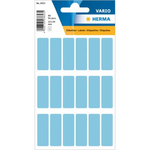 Blaues Etikettenblatt mit 90 selbstklebenden Etiketten in rechteckiger Form, Größe 12 x 34 mm.