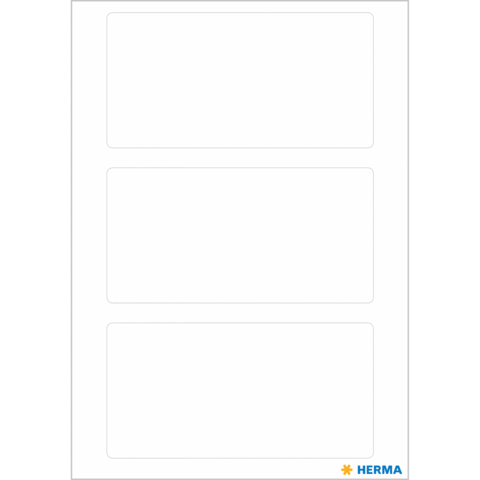 Drei leere Etiketten auf einem weißen Blatt, mit der Marke "HERMA" in der unteren rechten Ecke.