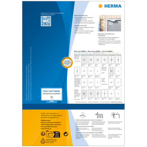Anleitung und Informationen zu HERMA Produkten, einschließlich QR-Code und Software-Hinweisen. Grafische Darstellung von Etiketten und deren Verwendung.
