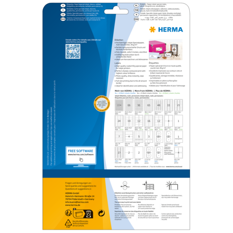 Rückseite einer Verpackung mit Informationen zu HERMA Produkten, einschließlich Anleitungen, QR-Code und Hinweis auf kostenlose Software.