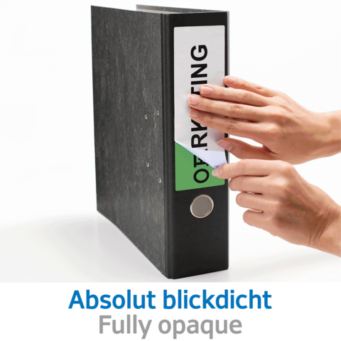 Ein schwarzer Ordner mit einem beschrifteten Etikett "OFFEN" wird von einer Hand geöffnet. Text auf dem Ordner: "Absolut blickdicht, Fully opaque".