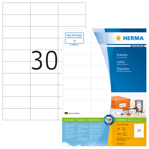 Etikettenblatt mit 30 leeren Feldern, Marke Herma, für universelle Anwendungen, inklusive Softwarehinweis und Produktdetails.