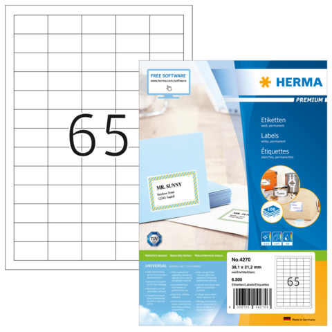 Etikettenpackung von Herma mit der Nummer 4270, inklusive Beispieletikett mit dem Namen "MR. SUNNY" und einer leeren Vorlage.