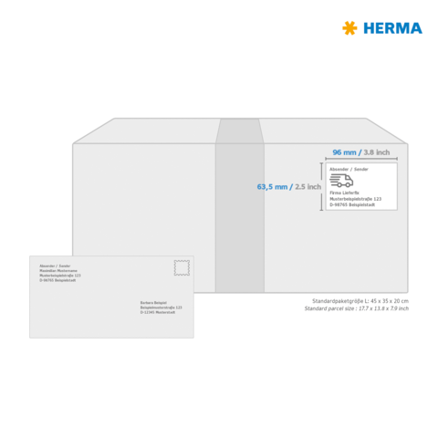 Versandetikett mit Abmessungen für ein Paket und eine Postkarte. Enthält Informationen zu Absender und Empfänger sowie Standardgrößen.