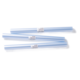Drei transparente Folienrollen mit Etiketten, die Informationen über Größe und Verwendung enthalten.