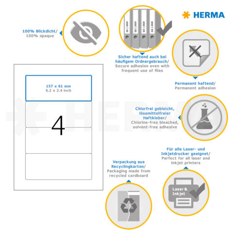 Selbstklebende Etiketten von HERMA, 157 x 61 mm, geeignet für Laser- und Inkjetdrucker, umweltfreundlich aus recyceltem Karton.