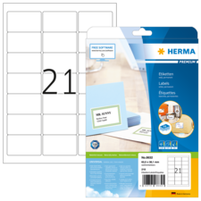 Etikettenblatt mit 21 leeren Feldern und Verpackung von HERMA, die Informationen zu Etiketten und Software enthält.