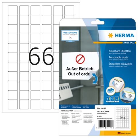 Packung mit ablösbaren Etiketten von Herma, Größe 25,4 x 36 mm, mit der Aufschrift „Außer Betrieb. Out of order“.